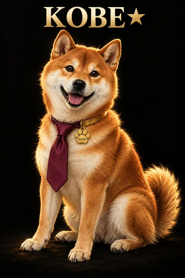 Shiba Kobe against black in a plum tie and gold-colored collar with engraved paw tag