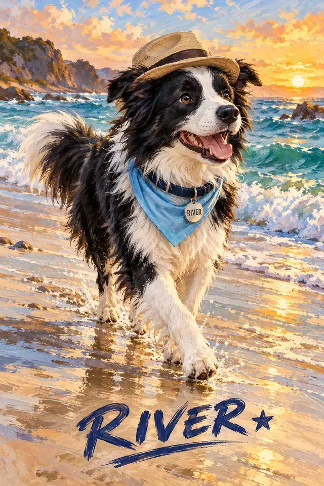 Border collie River on a beach in fedora, blue bandana and navy collar with round name tag
