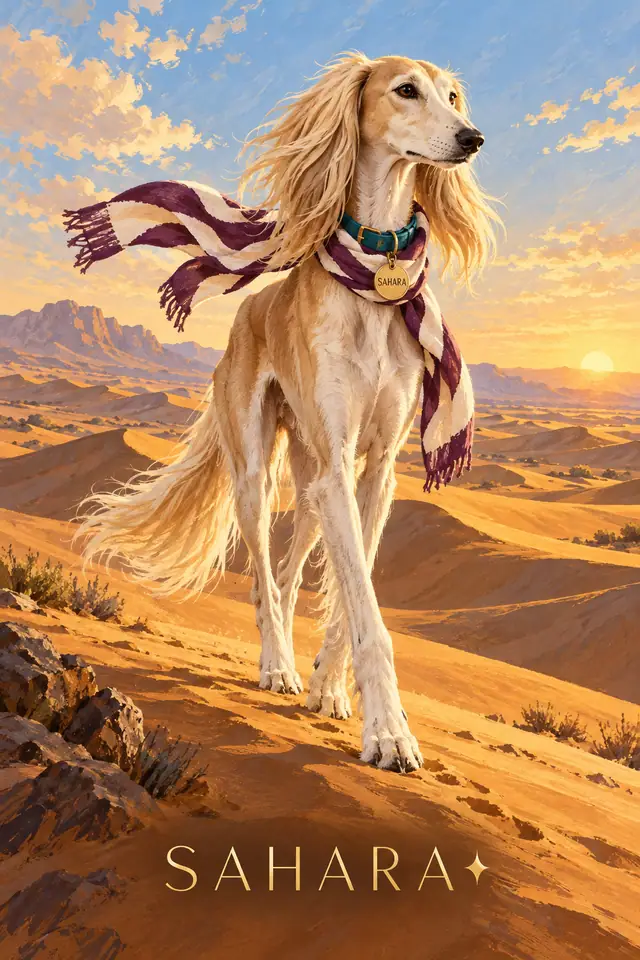 Saluki Sahara crossing ochre dunes in plum striped scarf and teal collar with round name tag