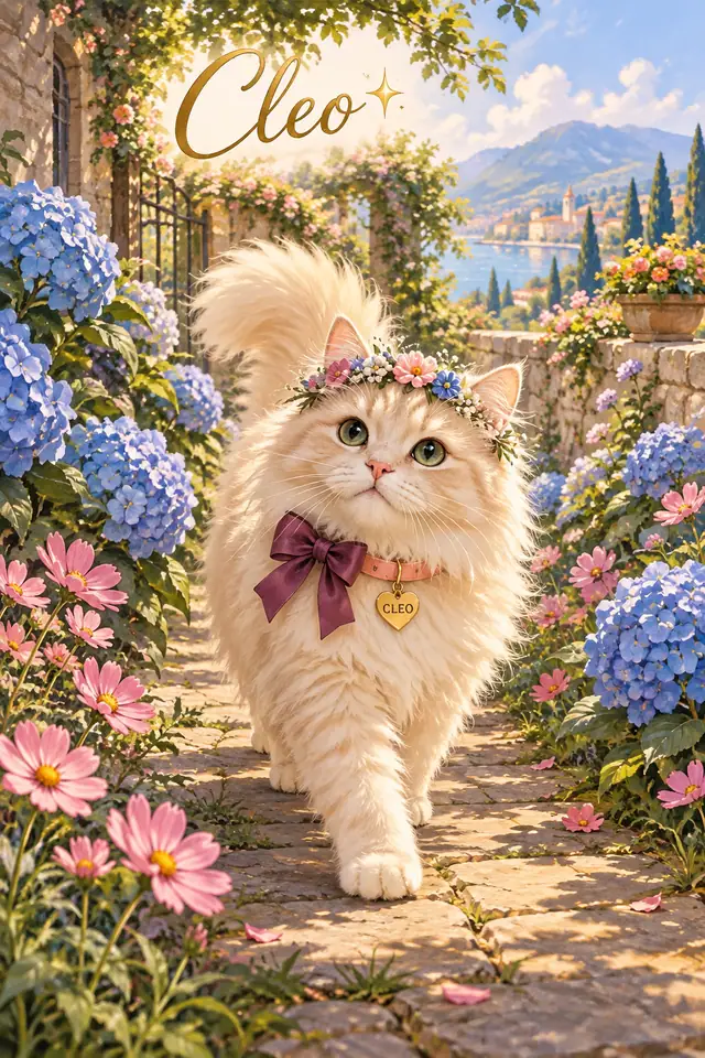 Cream cat Cleo on a flowering garden path with flower crown, plum bow and peach collar