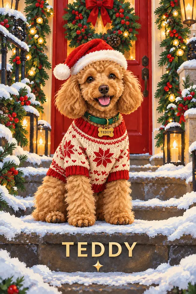 Apricot poodle Teddy in festive hat, holiday sweater and green collar beside a snowy red doorway