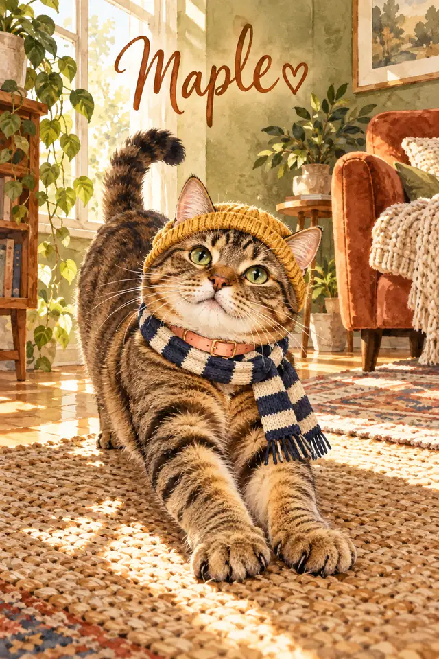Tabby Maple stretching on a rug in a sunlit home, wearing a mustard beanie, striped scarf and peach collar