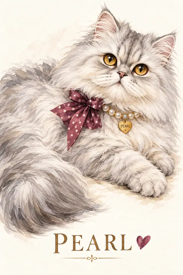 Silver Persian Pearl with plum dotted bow, jeweled collar and engraved heart tag on warm white