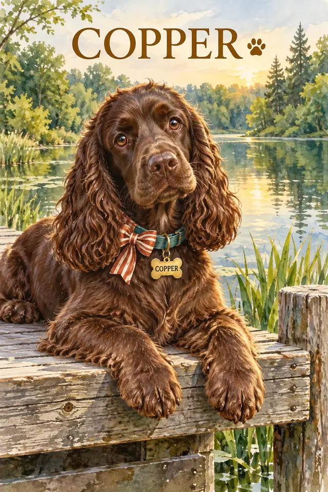 Chocolate spaniel Copper on a lakeside dock in striped rust bow and teal collar with engraved bone tag