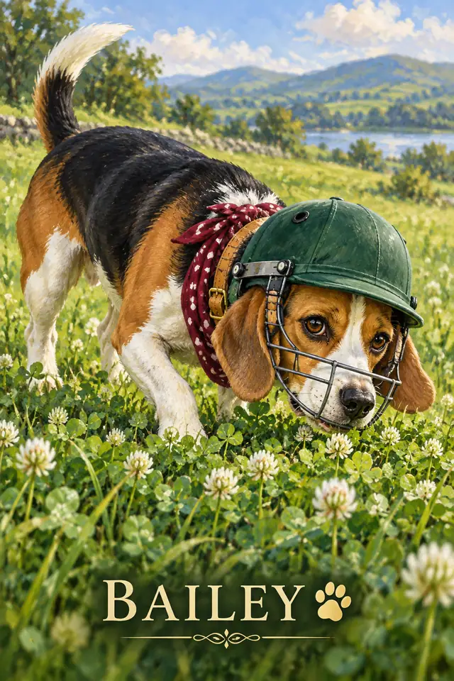Beagle Bailey sniffing clover in a green cricket helmet, burgundy dotted bandana and tan collar