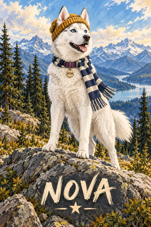 White husky Nova on an alpine rock with ochre beanie, striped scarf and plum collar