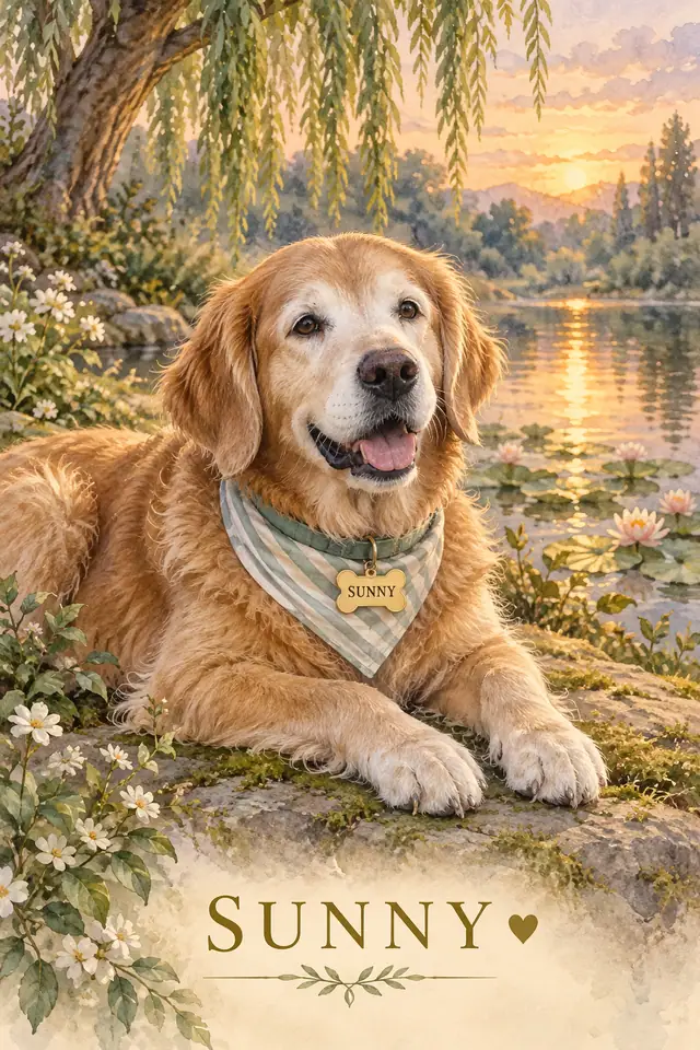 Older golden Sunny beside a willow pond, in sage collar and striped bandana with engraved bone tag