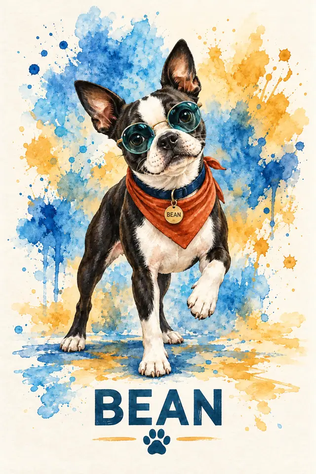 Boston terrier Bean with teal sunglasses, rust bandana and navy collar against blue and ochre watercolor splashes