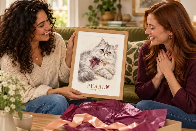 Two friends with a personalized Pearl cat portrait
