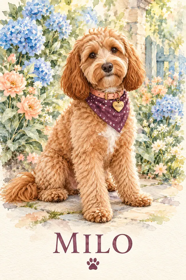 Matching garden watercolor of Milo with dotted plum bandana, peach collar, engraved heart tag, MILO name and paw decoration