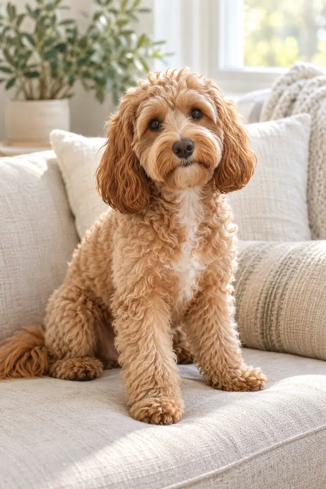 Synthetic starting photo of Milo, an apricot cockapoo with caramel ears sitting on an oatmeal sofa