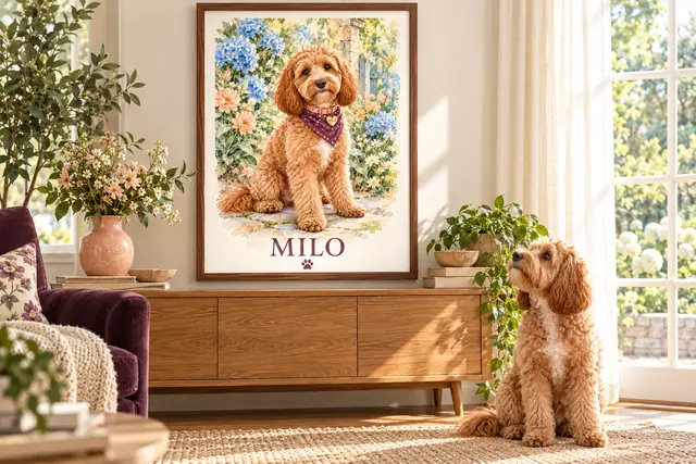 Milo beside his framed garden watercolor, personalized with a dotted plum bandana, peach collar, heart tag, MILO lettering and paw accent