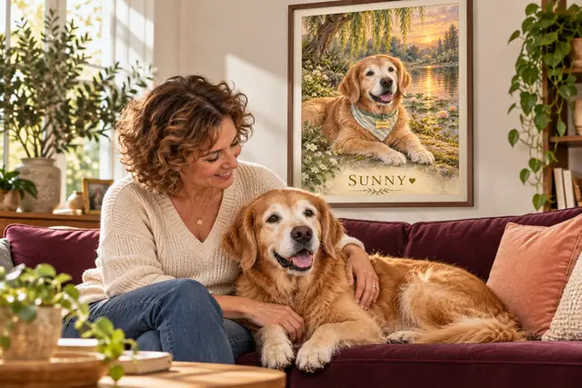 Illustrative scene of a woman and older golden retriever beside a framed Sunny portrait with striped bandana, name and heart