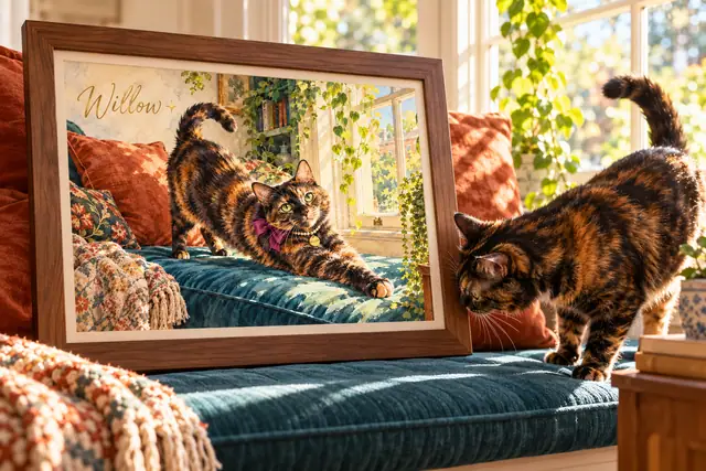 A tortoiseshell cat investigates a wide walnut frame showing its watercolor window-seat portrait