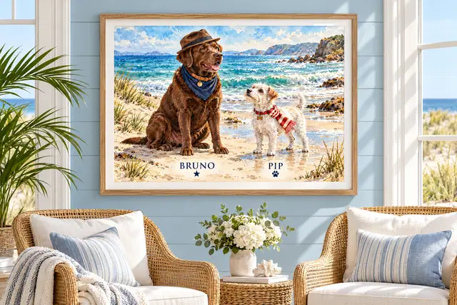 A wide watercolor portrait of a Labrador and terrier in an airy blue sunroom with cane chairs