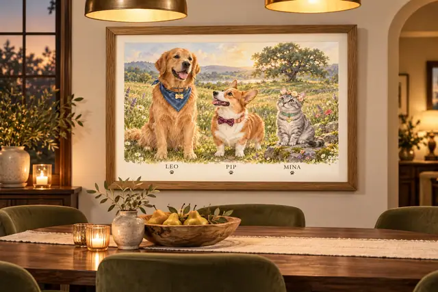 A golden retriever, corgi and tabby portrait above a dining table under warm evening light