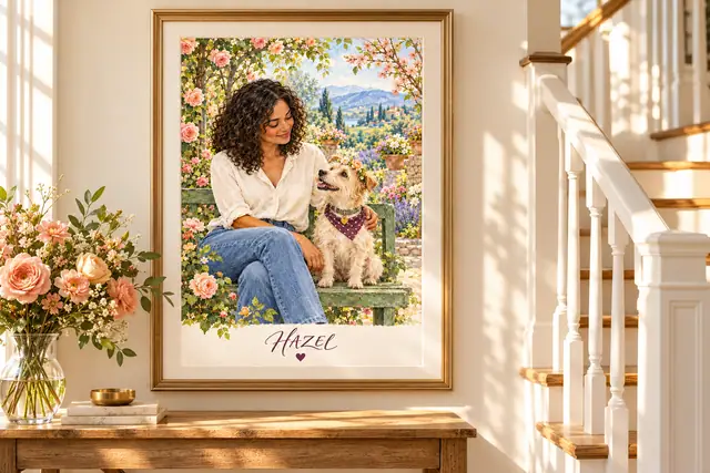 A framed watercolor of a woman and her terrier on a sunlit stair landing