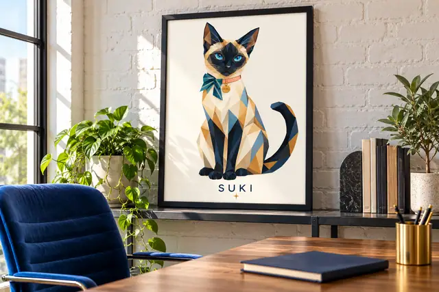 A black-framed personalized geometric Siamese Suki portrait on a steel shelf beside white brick and a cobalt chair