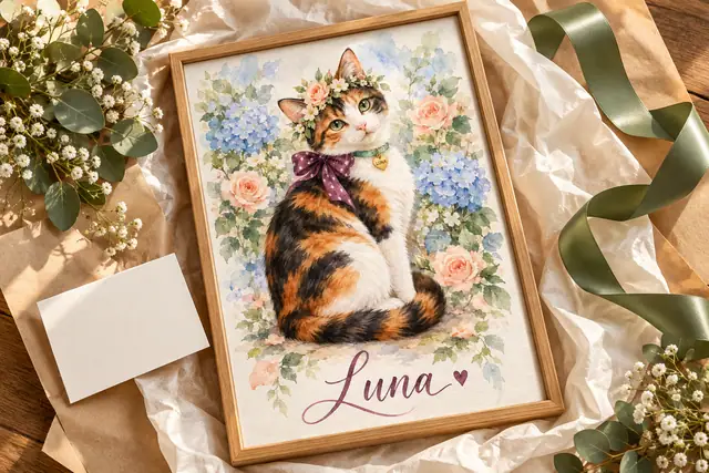 Overhead gift concept with a framed personalized calico watercolor Luna, tissue and green ribbon