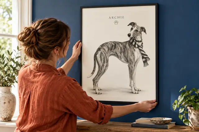 A woman straightens a framed personalized graphite whippet Archie portrait on a cobalt-blue wall