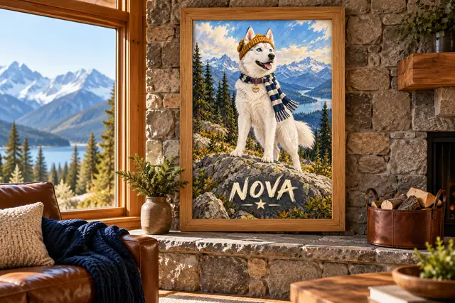 A personalized Nova husky portrait beside a stone hearth in a timber cabin