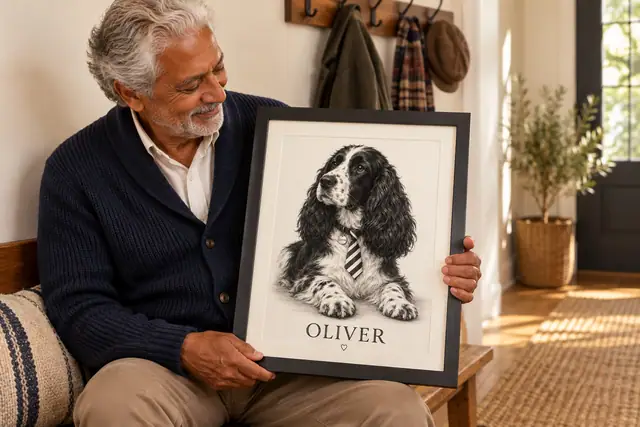 An older man on a hallway bench holds a simple black-framed charcoal spaniel portrait named OLIVER