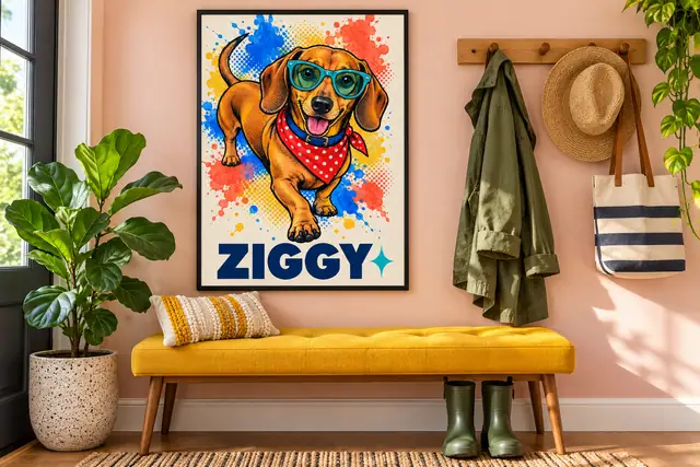 A framed pop-art dachshund Ziggy in sunglasses and a dotted bandana above a yellow bench and green rain boots