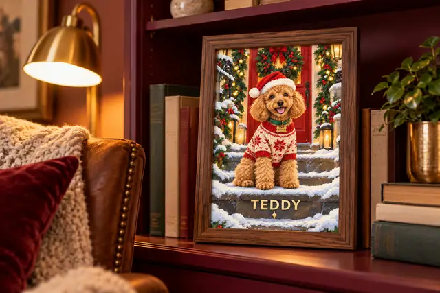 An illustrated poodle Teddy in a festive hat and holiday sweater in a walnut frame on a burgundy bookshelf