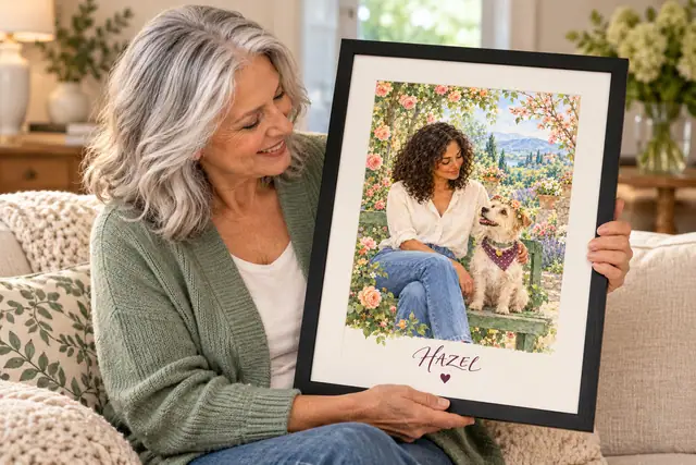 A silver-haired woman holds a black-framed watercolor portrait of a woman and her terrier Hazel