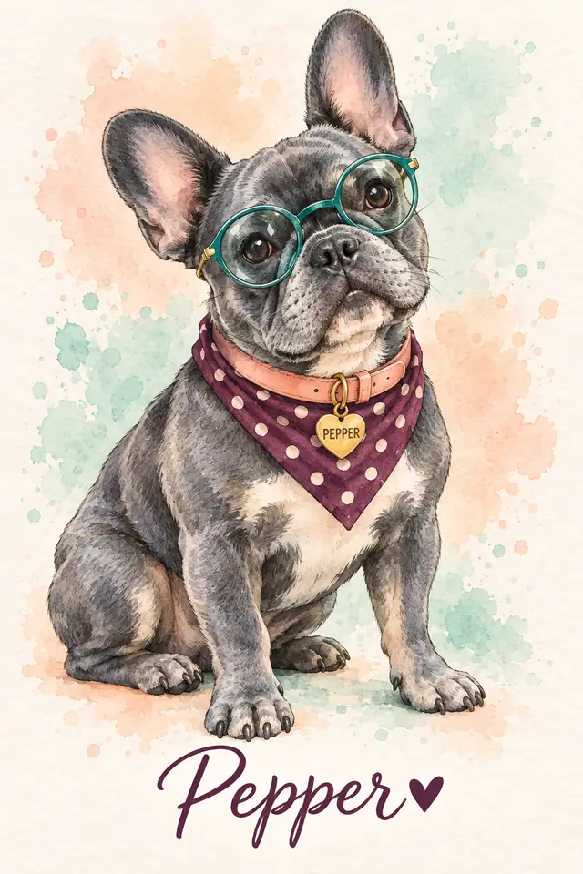 Illustrative Pepper portrait with teal sunglasses, dotted plum bandana, peach collar, engraved heart tag, script name and heart accent