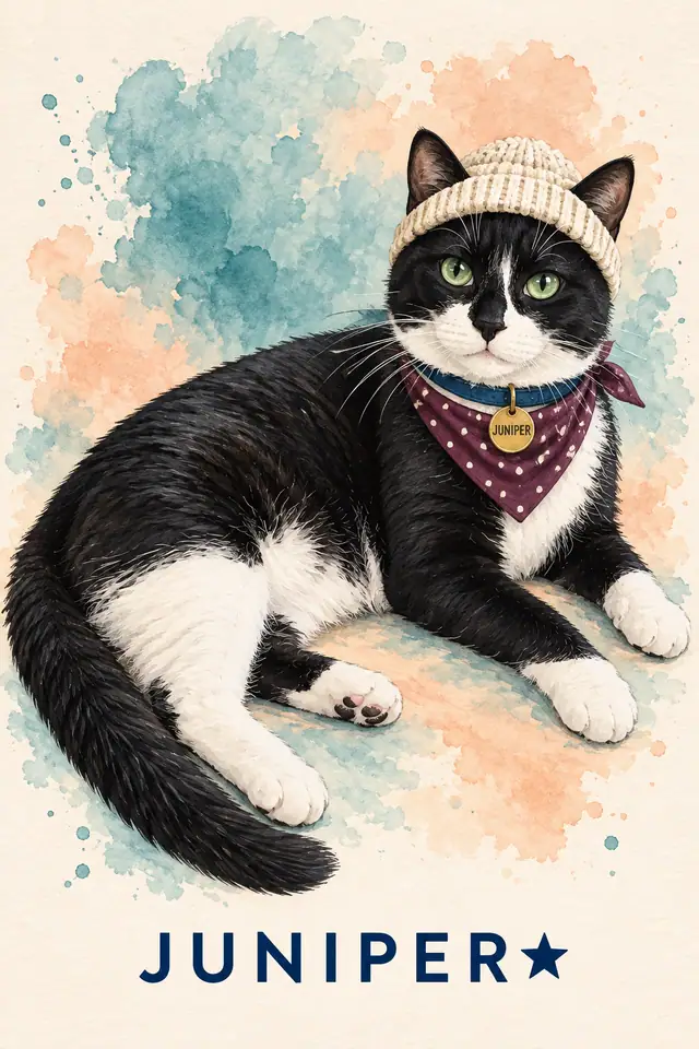Juniper illustration with green eyes, a dotted bandana, blue collar, engraved tag, knit beanie, and JUNIPER with a star below