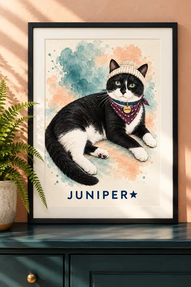 Juniper's complete illustration in a simple black frame on a dark teal sideboard