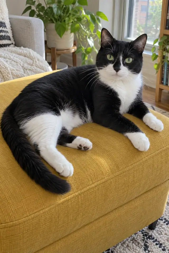 Synthetic source photo of Juniper, a green-eyed tuxedo cat lounging on a mustard ottoman