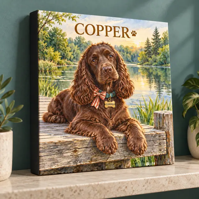Lakeside Copper spaniel with striped bow and engraved tag on an unframed canvas, viewed at an angle to show its depth — illustrative format concept