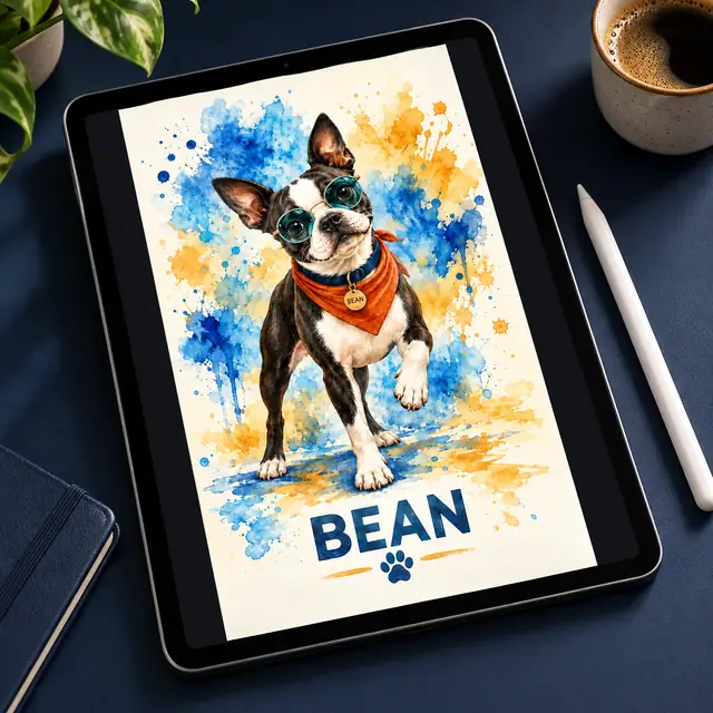 Personalized Boston terrier Bean in sunglasses and bandana displayed on a tablet on a navy desk — illustrative format concept