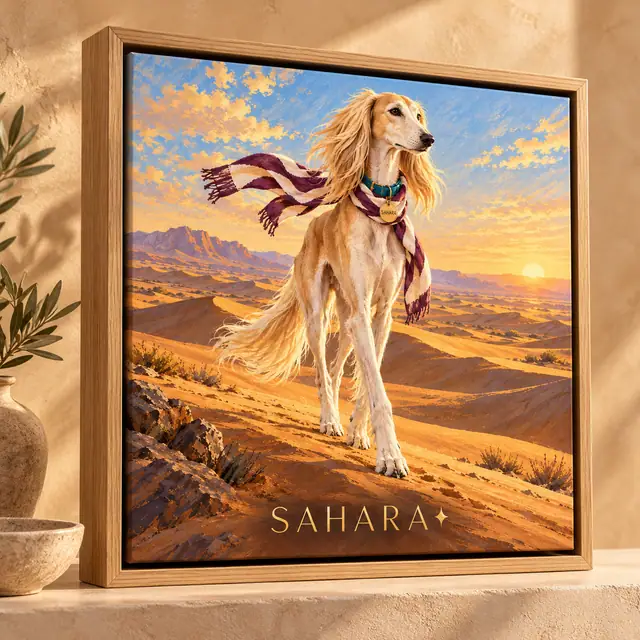 Sahara saluki in a striped scarf in sunset dunes, presented as canvas in a natural-wood floating frame — illustrative format concept