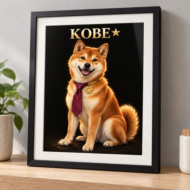 Kobe Shiba portrait with tie, collar and name against black, presented with a white mat and slim black frame — illustrative format concept