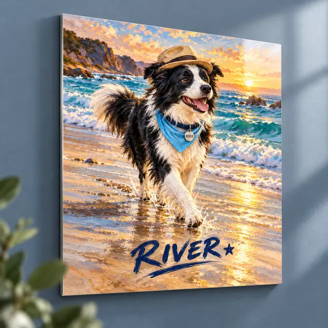 Coastal River collie artwork with fedora, bandana and name on a slim frameless metal panel against a blue-gray wall — illustrative format concept