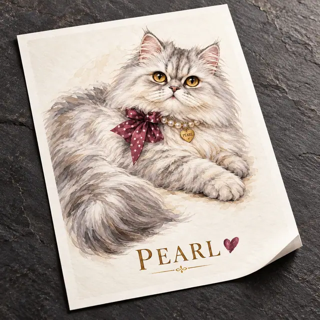 Unframed Pearl cat artwork with dotted bow, jeweled collar and name on textured paper, resting diagonally on dark slate — illustrative format concept