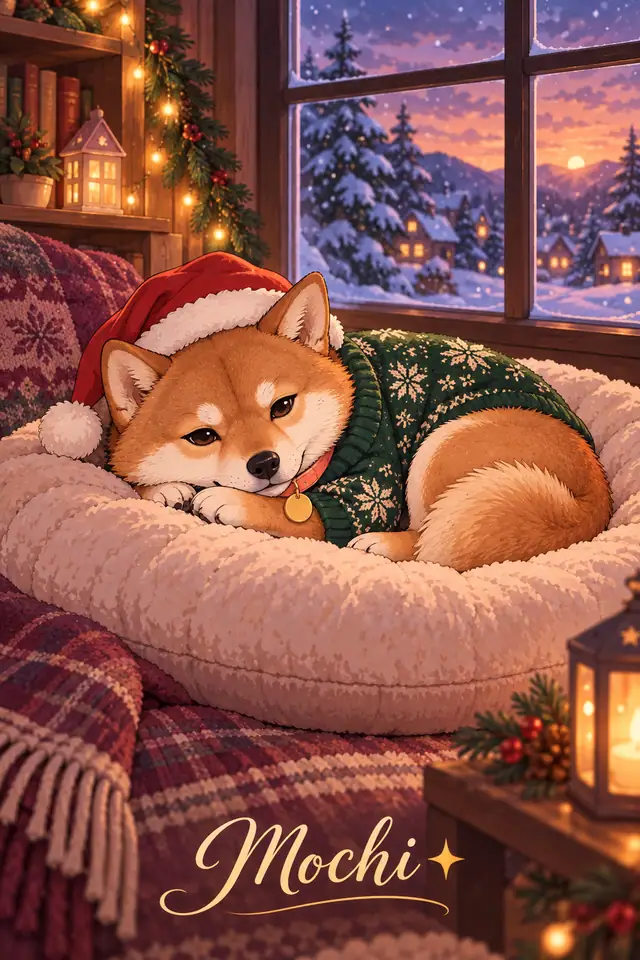 Cozy anime Shiba Mochi curled by a snowy window in festive hat, holiday sweater and peach collar
