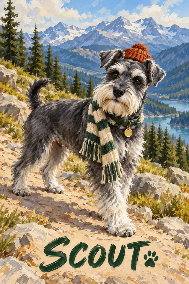 Brush-painted schnauzer Scout on an alpine trail in a rust beanie, striped scarf and green collar