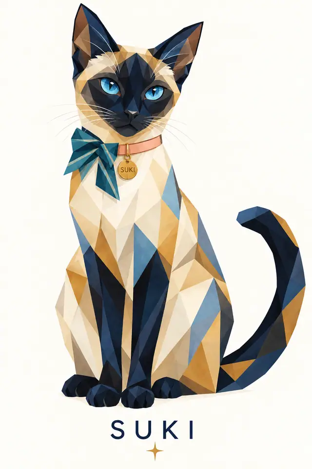 Angular Siamese Suki with teal striped bow, solid peach collar and engraved round tag