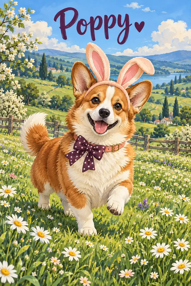Illustrated corgi Poppy prancing in a meadow with bunny ears, plum dotted bow and peach collar