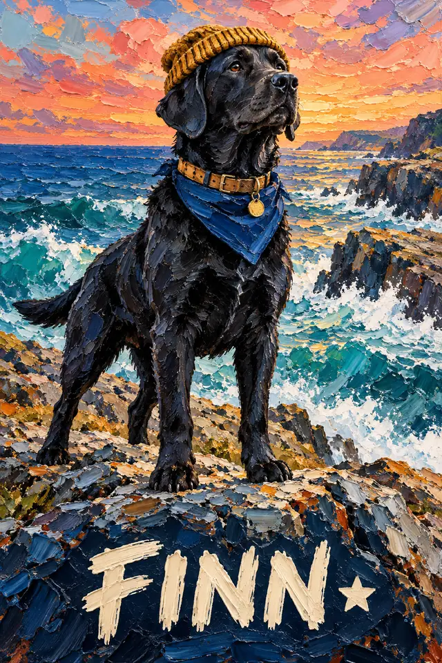 Palette-knife Labrador Finn on a rocky coast, wearing an ochre beanie, blue bandana and tan collar