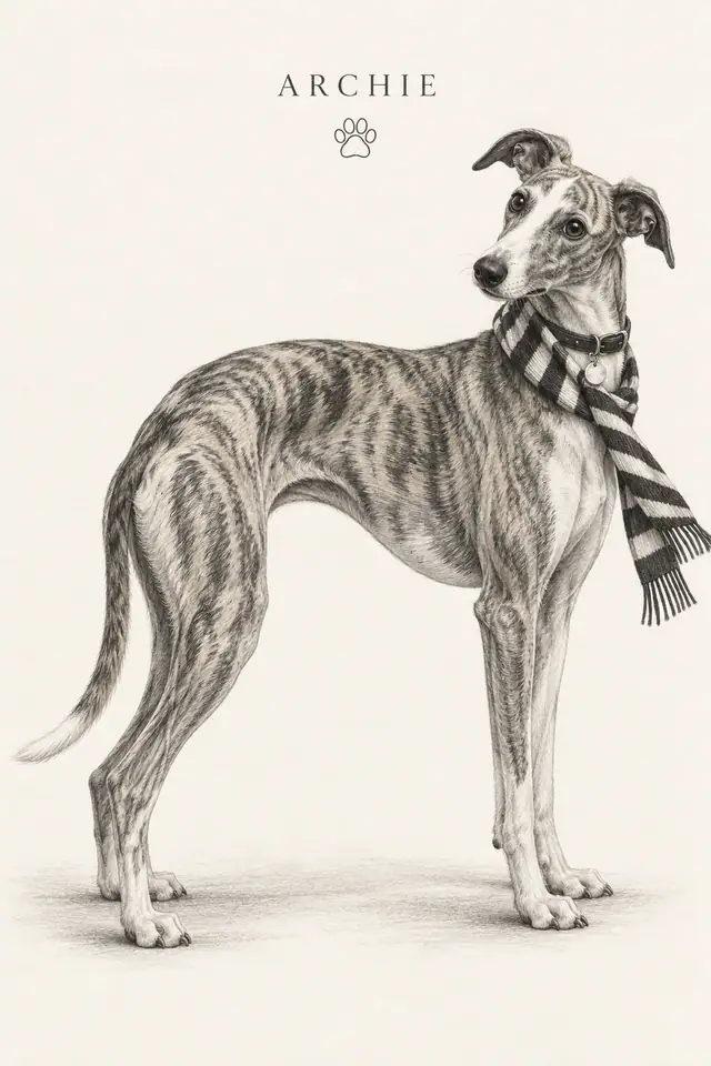 Graphite whippet Archie in a striped scarf and black collar, with name and paw accent