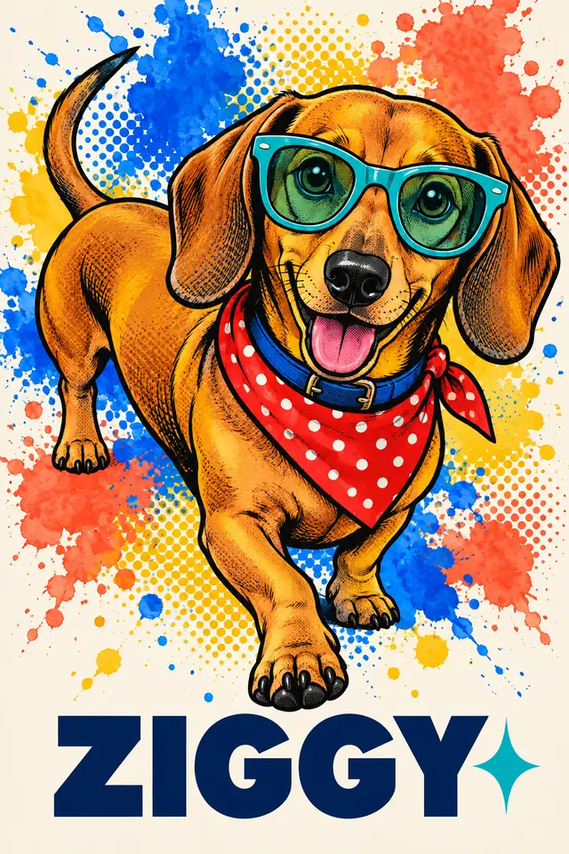 Pop-art dachshund Ziggy with teal sunglasses, red dotted bandana, cobalt collar and bold name