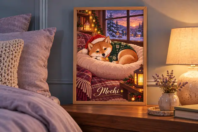 Wood-framed personalized Mochi Shiba illustration on a bedside ledge against a dove-blue wall with warm lamplight
