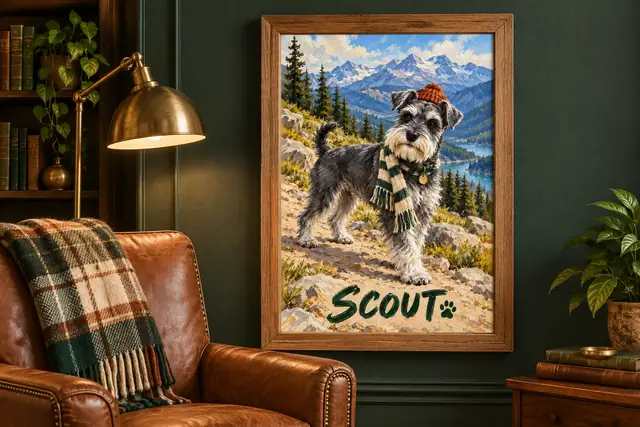Oak-framed mountain schnauzer painting on a forest-green wall beside a cognac reading chair and lamp