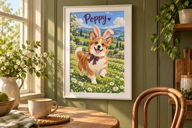 White-framed personalized Poppy corgi meadow illustration in an olive breakfast nook with a coffee cup and bentwood chair
