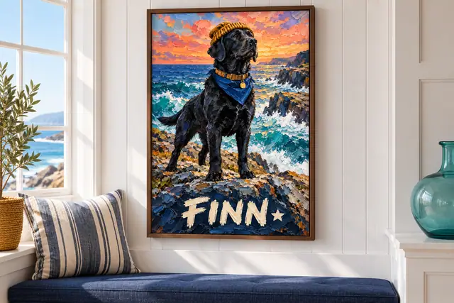 Walnut-framed personalized Finn Labrador shore painting above a navy bench in a white-panelled coastal alcove
